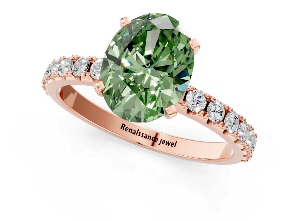Fancy Green Oval Cut Diamond Solitaire Pavé Band with Four-Prong Setting Rose gold