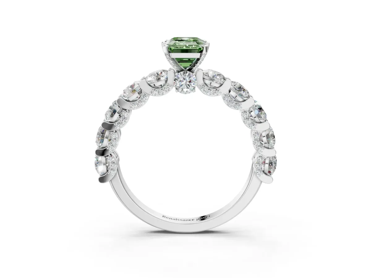 Fancy Green Emerald Cut Diamond Side Stone Engagement Ring with Four-Prong Setting White gold
