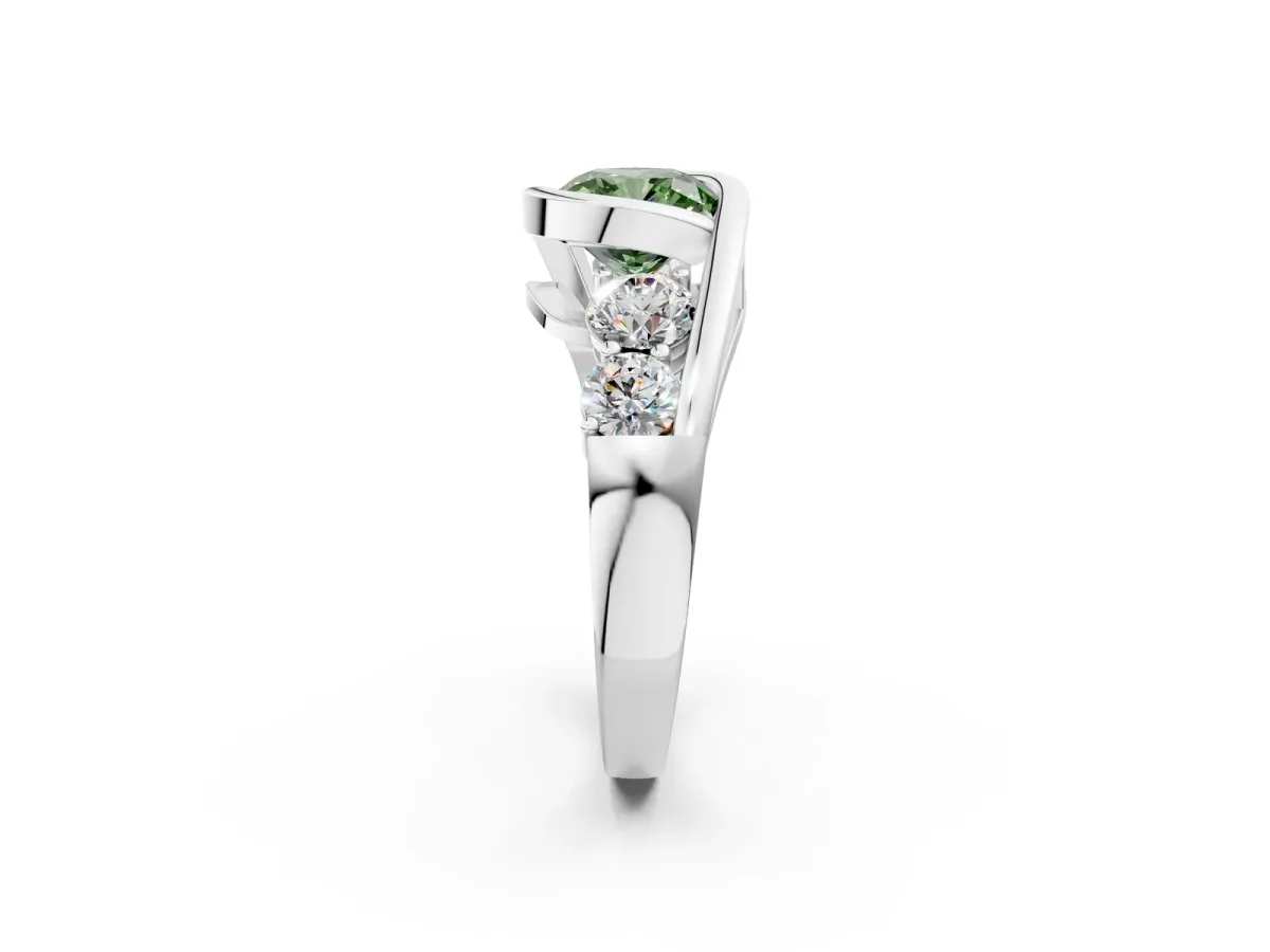 Fancy Green Bezel Set Cushion Cut Diamond Bypass Ring with Round Accents Platinum