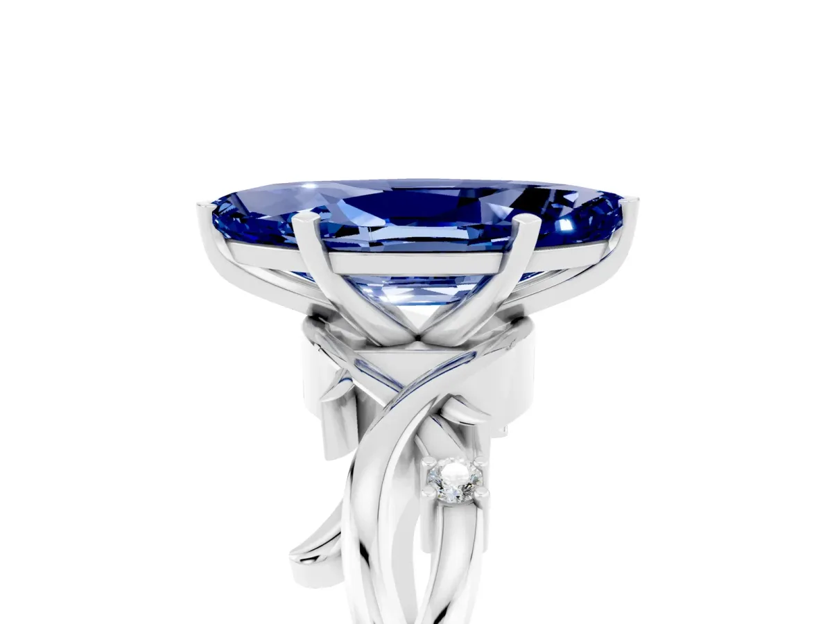 Marquise Cut Blue Sapphire Solitaire Ring with Twisted Band and Prong Setting Silver