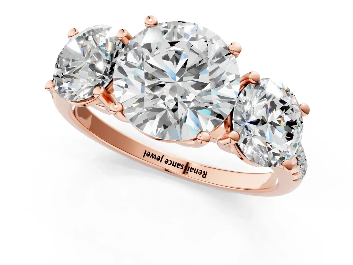 Fancy Blue Three-Stone Round Cut Diamond Ring with Round Pavé Band and Prong Setting Rose gold