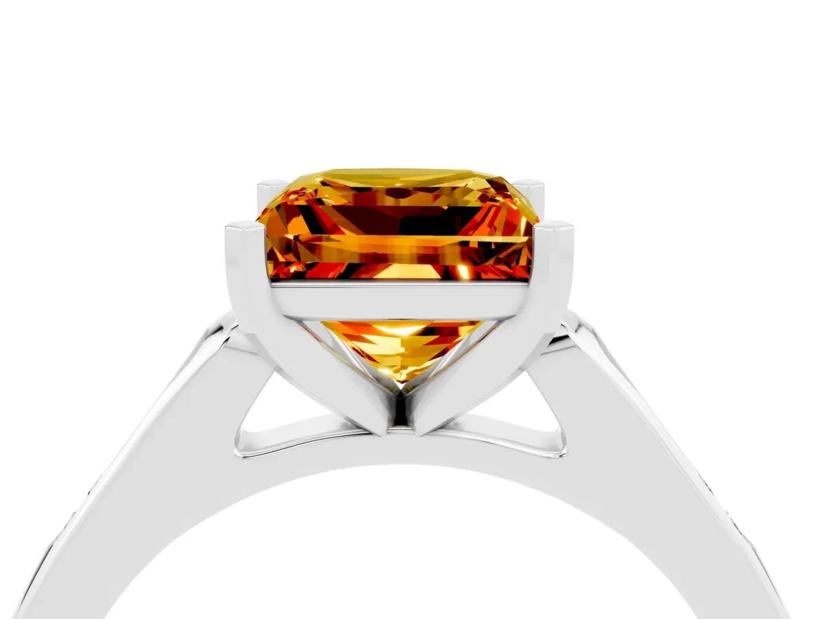 Princess Cut Citrine Solitaire Ring with Channel Set Round Band and Prong Setting Silver