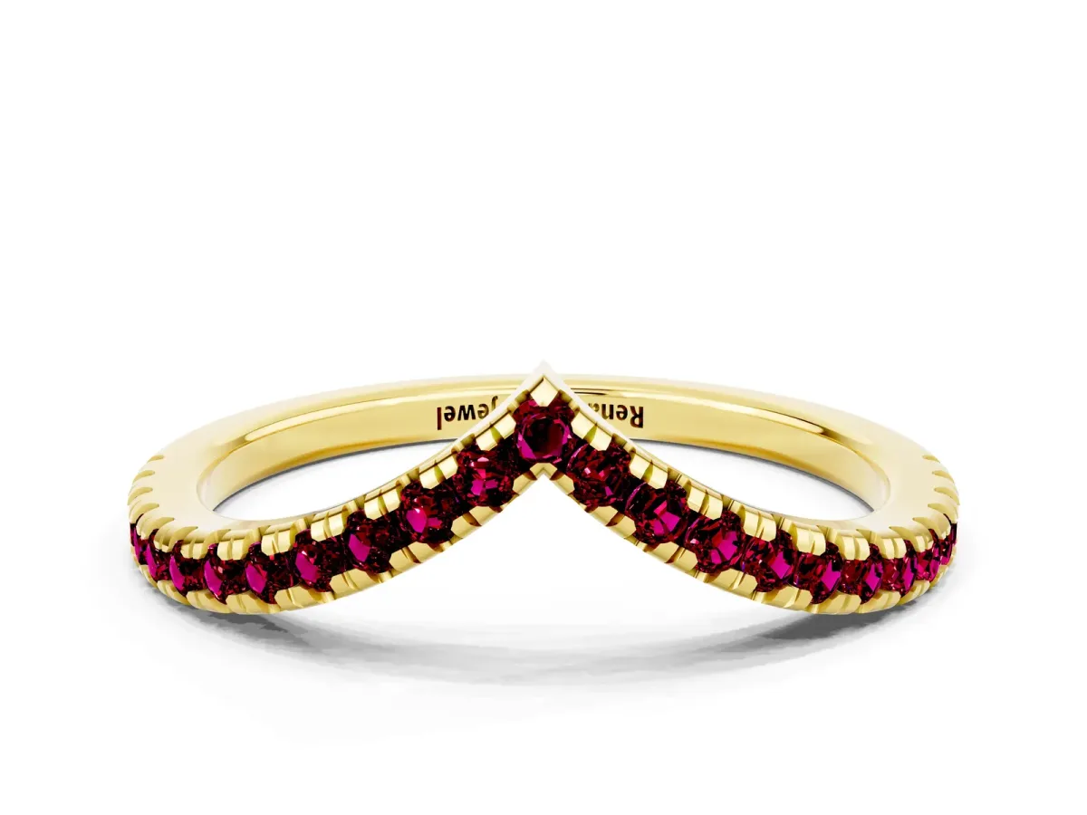 Pavé Round Garnet V-Shaped Chevron Band with Shared Prong Setting Yellow gold