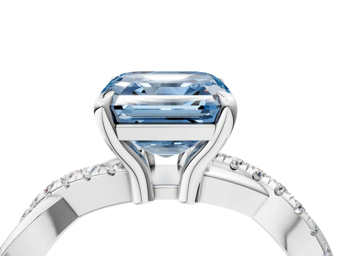 Fancy Blue Asscher Cut Cut Twist Band Solitaire Diamond Ring with Pavé Setting Platinum