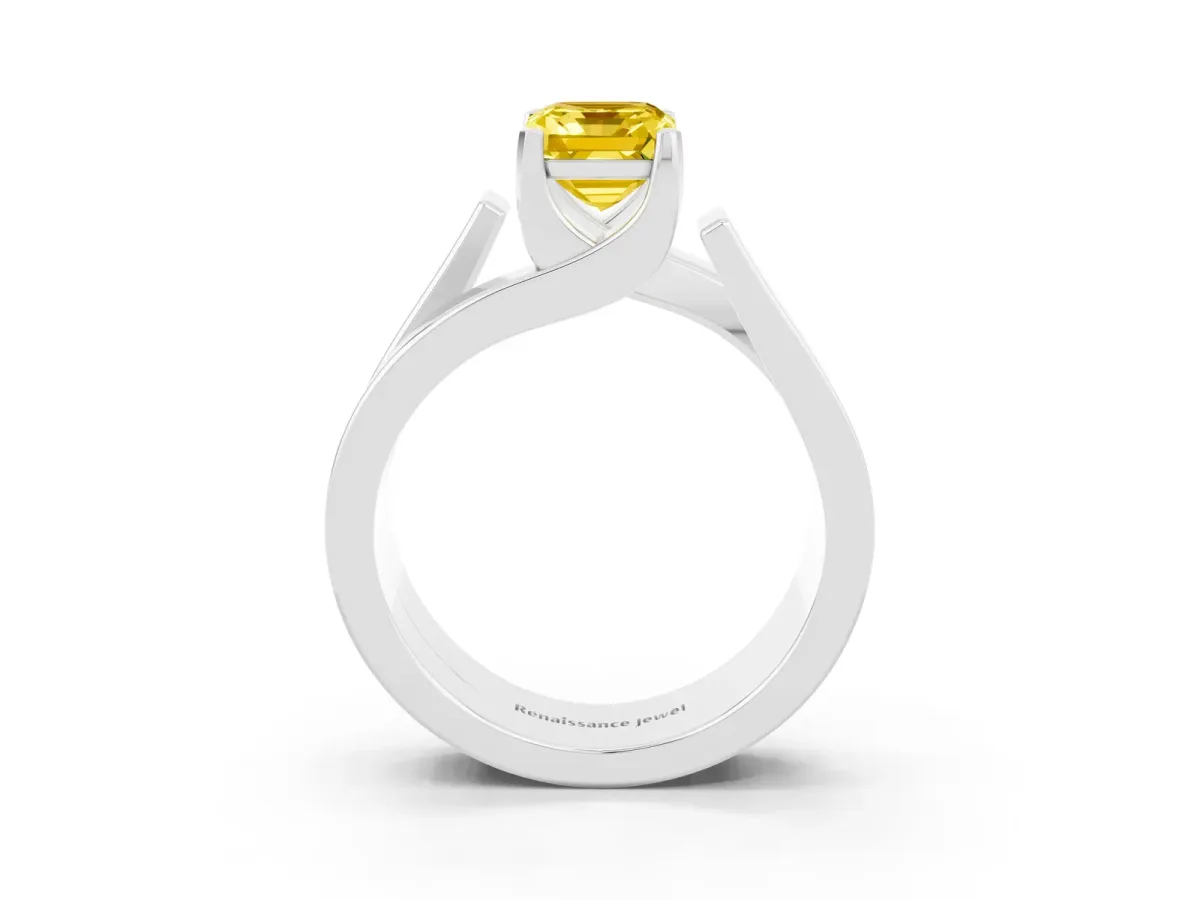 Modern Tension Set Emerald Cut Yellow Sapphire Solitaire Wide Band Ring Silver