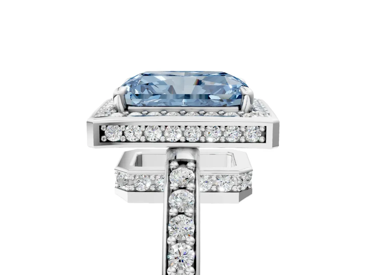 Fancy Blue Radiant Cut Halo Pave Band Solitaire Ring with Prong Setting Platinum