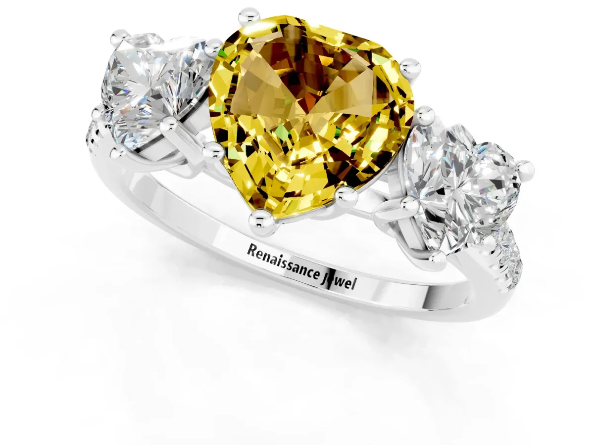 Three-Stone Heart Cut Yellow Sapphire Ring with Round Pavé Band and Prong Setting Silver