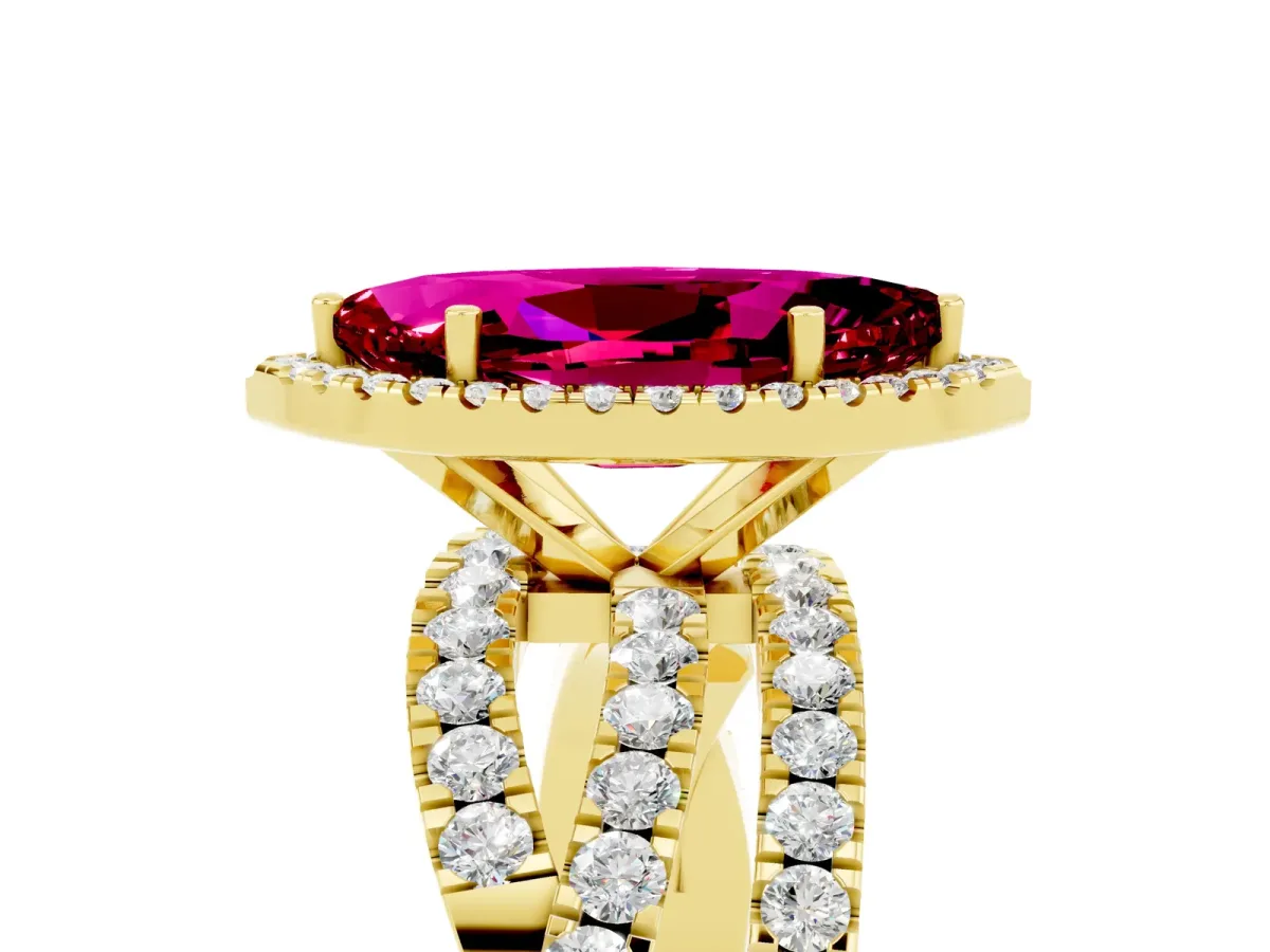 Marquise Cut Garnet Halo Ring with Round Split Shank and Prong Setting Yellow gold
