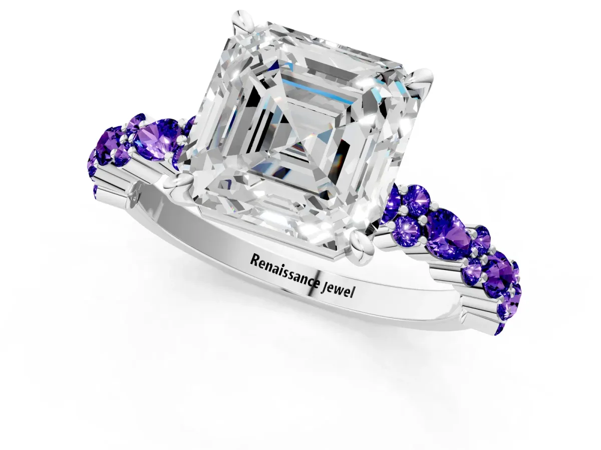 Asscher Cut Diamond Side Stone Solitaire Ring with Round Tanzanite and Four-Prong Setting Platinum
