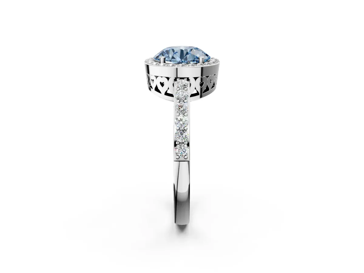 Fancy Blue Round Cut Halo Diamond Pavé Band Ring with Prong Setting Platinum