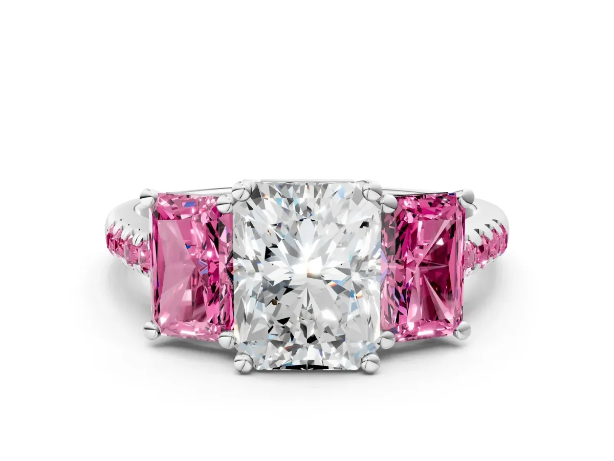 Three-Stone Radiant Cut Diamond Ring with Round Pink Sapphire Pavé Band and Prong Setting Silver
