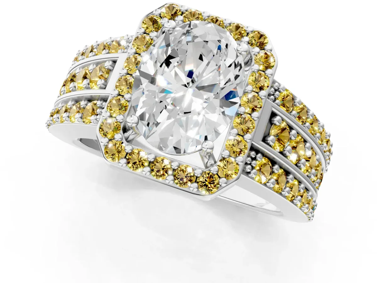 Oval Cut Halo Diamond Ring with Round Yellow Sapphire Split Shank and Prong Setting Silver
