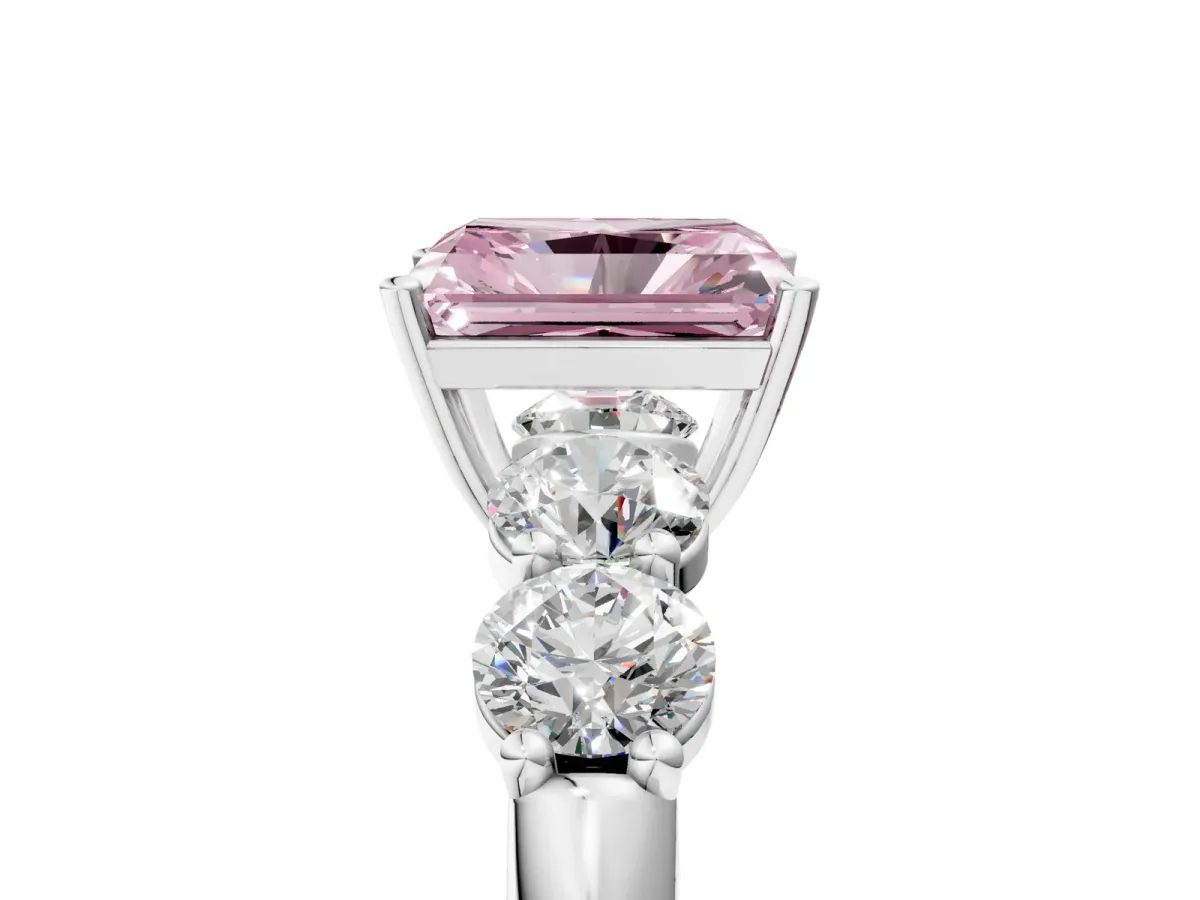 Fancy Pink Radiant Cut Cut Five-Stone Prong Set Diamond Ring with Classic Band Platinum