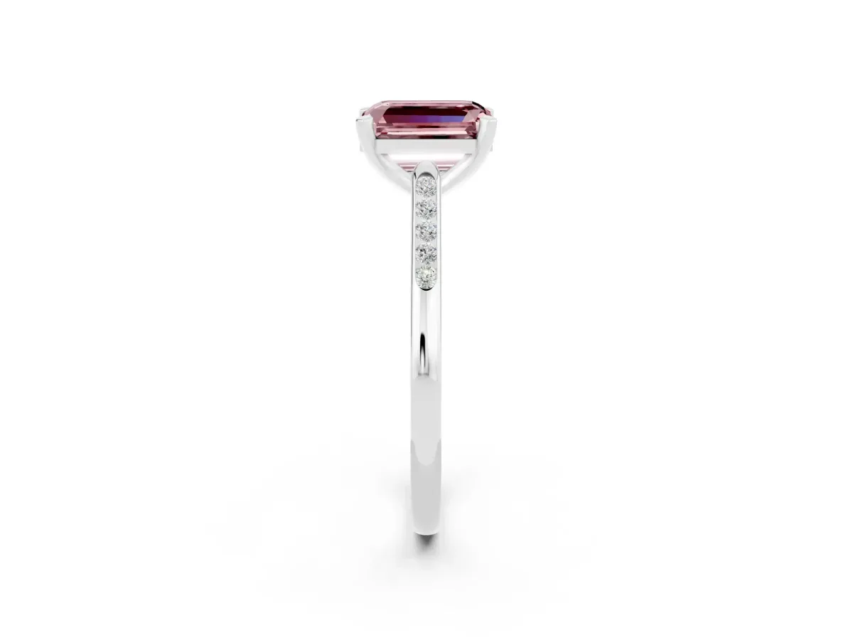 Emerald Cut Morganite Solitaire Ring with Channel Set Round Band and Prong Setting Silver