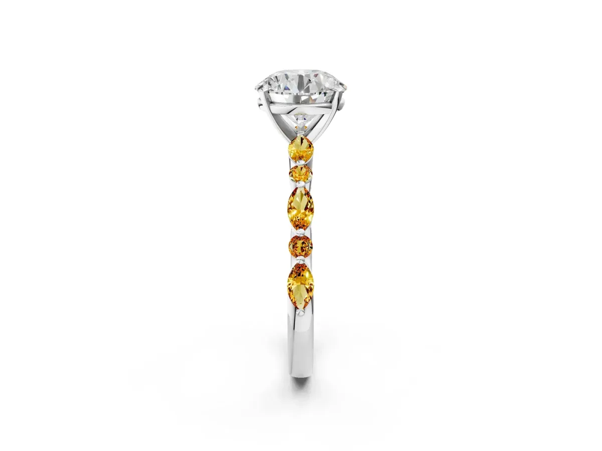 Round Cut Diamond Ring with Marquise and Round Citrine Side Stones and Four-Prong Setting Silver
