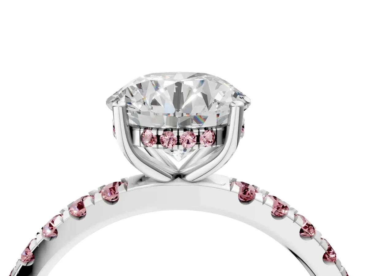 Round Cut Diamond Pave Band Solitaire Ring with Round Morganite and Prong Setting Silver