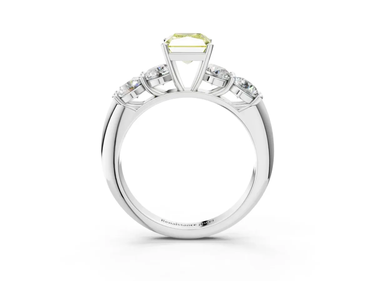 Fancy Yellow Radiant Cut Cut Five-Stone Prong Set Diamond Ring with Classic Band Platinum