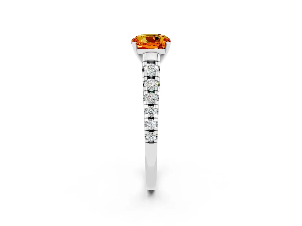 Cushion Cut Citrine Cathedral Solitaire Ring with Round Pavé Band Silver