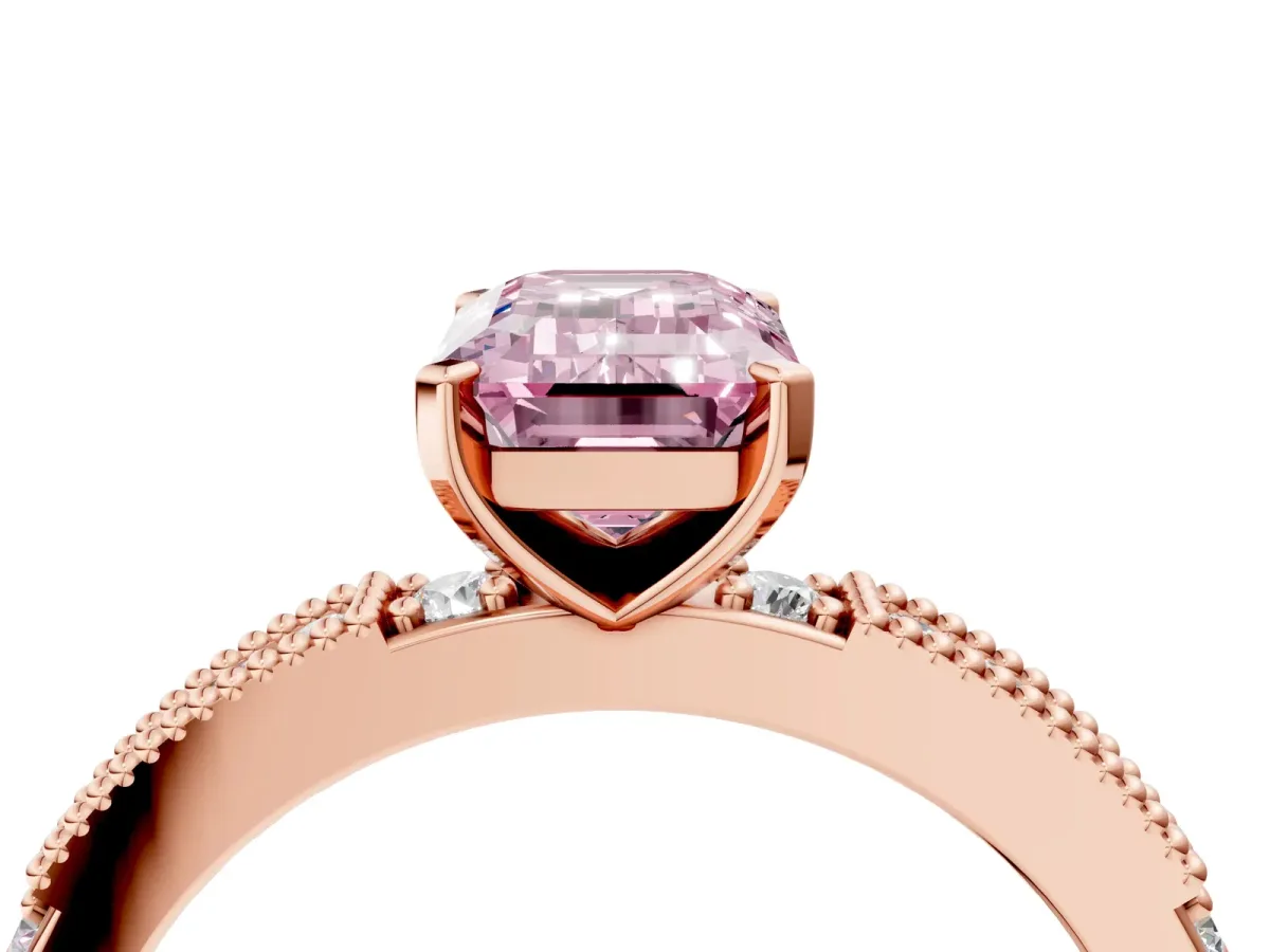 Fancy Pink Emerald Cut Solitaire with Pavé Band and Four-Prong Setting Rose gold