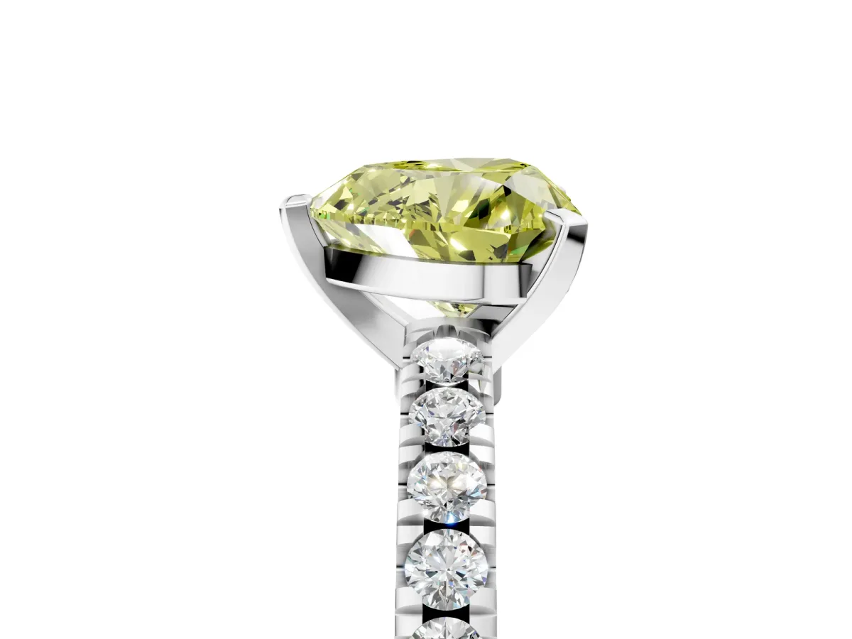 Fancy Yellow Heart Cut Solitaire Diamond with Pavé Band and Four-Prong Setting Silver