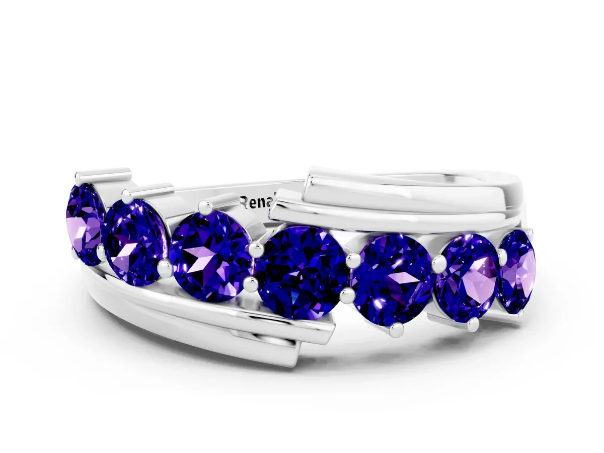 Round Tanzanite Wave Band with Channel and Shared Prong Setting Silver