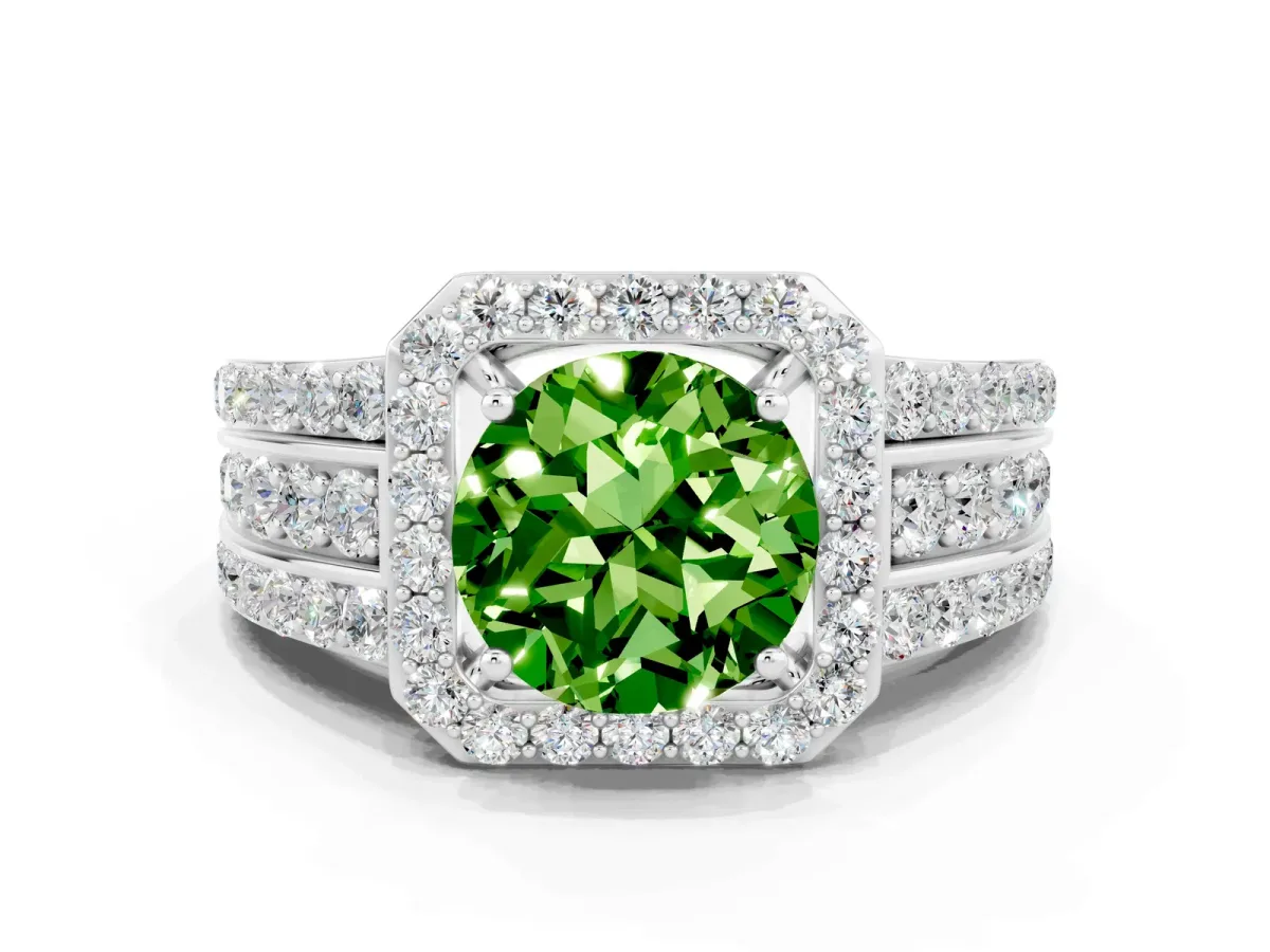 Round Cut Halo Peridot Ring with Round Split Shank and Prong Setting Platinum
