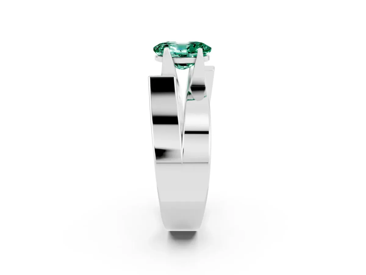 Modern Tension Set Oval Cut Green Sapphire Solitaire Wide Band Ring Silver