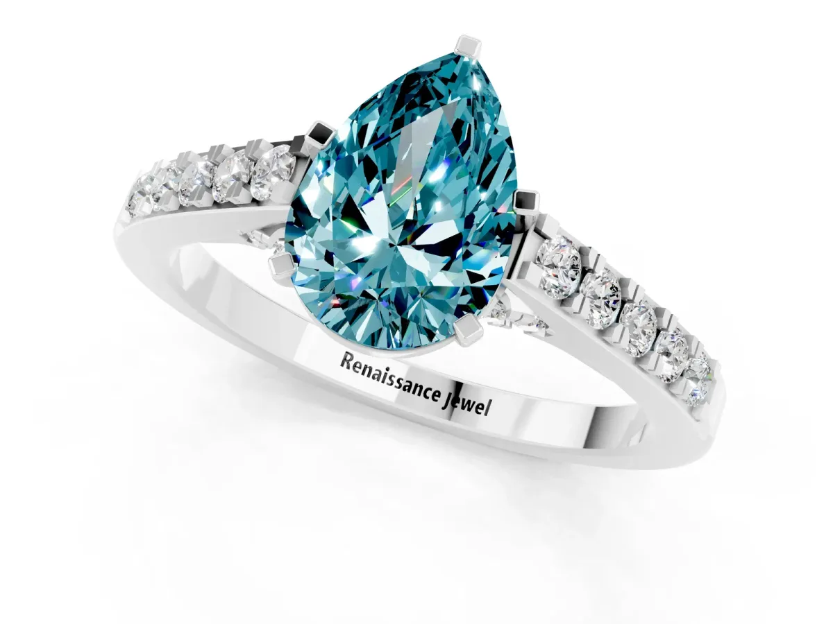 Pear Cut Blue Topaz Solitaire Ring with Crossover Gallery and Round Pavé Band Silver