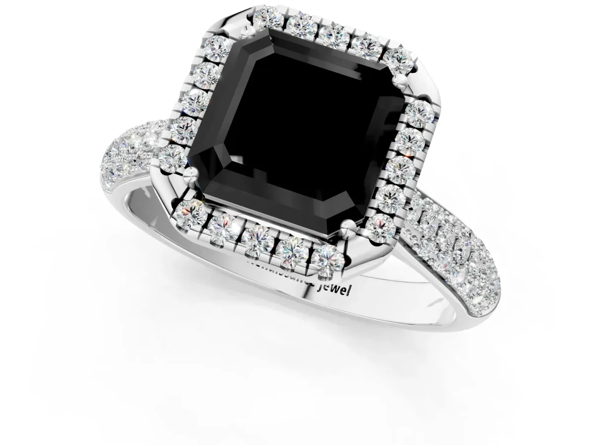 Fancy Black Asscher Cut Halo Diamond Ring with Pavé Band Platinum