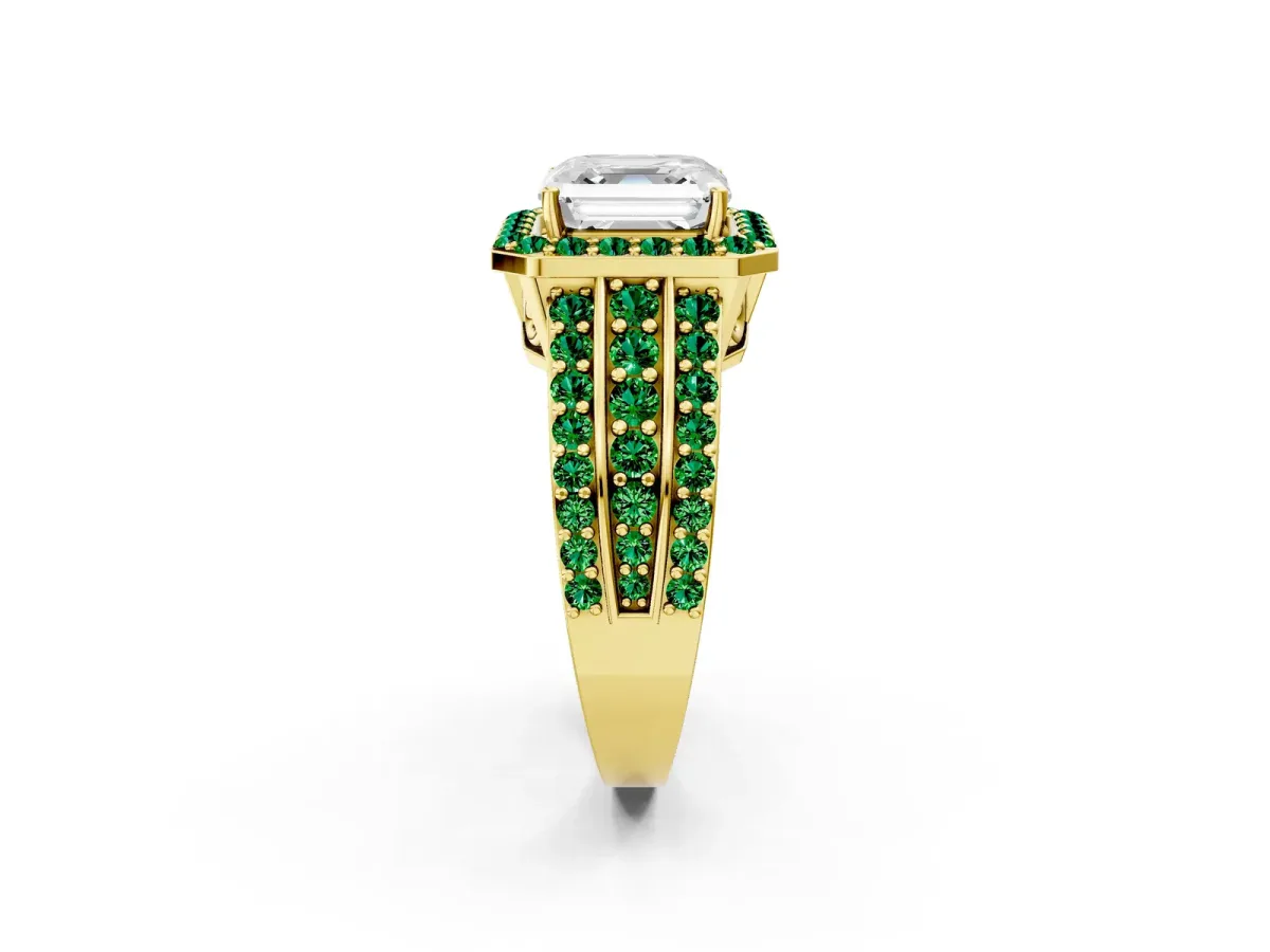 Asscher Cut Halo Diamond Ring with Round Emerald Split Shank and Prong Setting Yellow gold