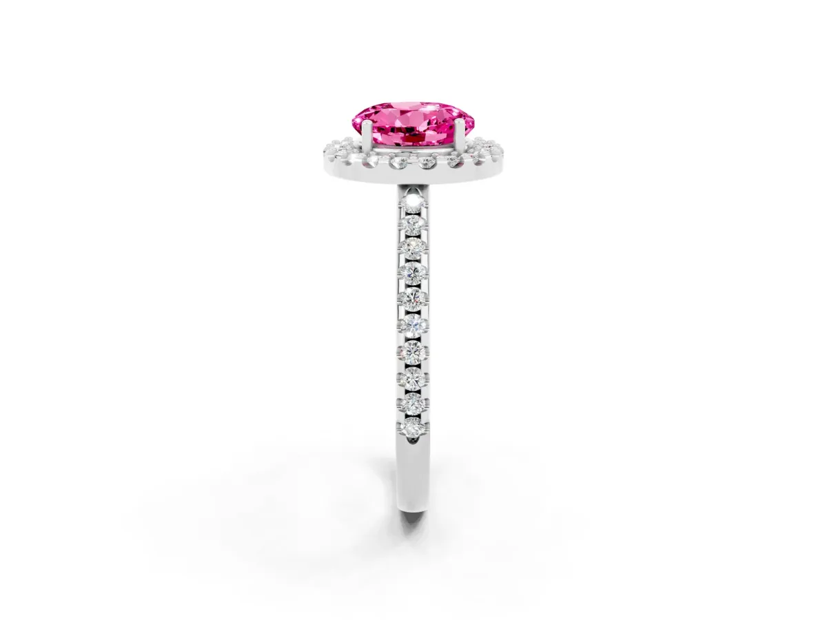 Round Cut Pink Sapphire Pavé Halo Ring with Four-Prong Setting Platinum
