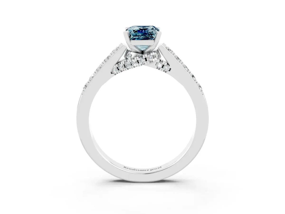 Emerald Cut Aquamarine Solitaire Ring with Crossover Gallery and Round Pavé Band Silver