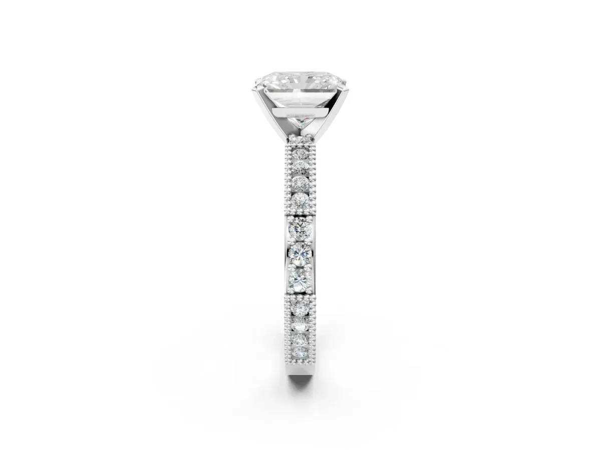Radiant Cut Solitaire with Pavé Band and Four-Prong Setting Silver