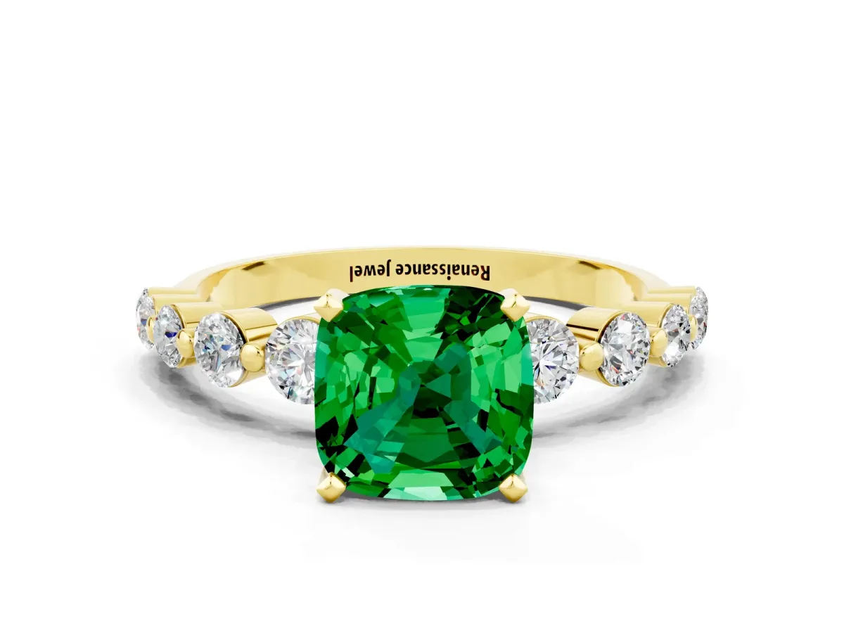 Cushion Cut Solitaire Emerald Ring with Pave Band and Four-Prong Setting Yellow gold