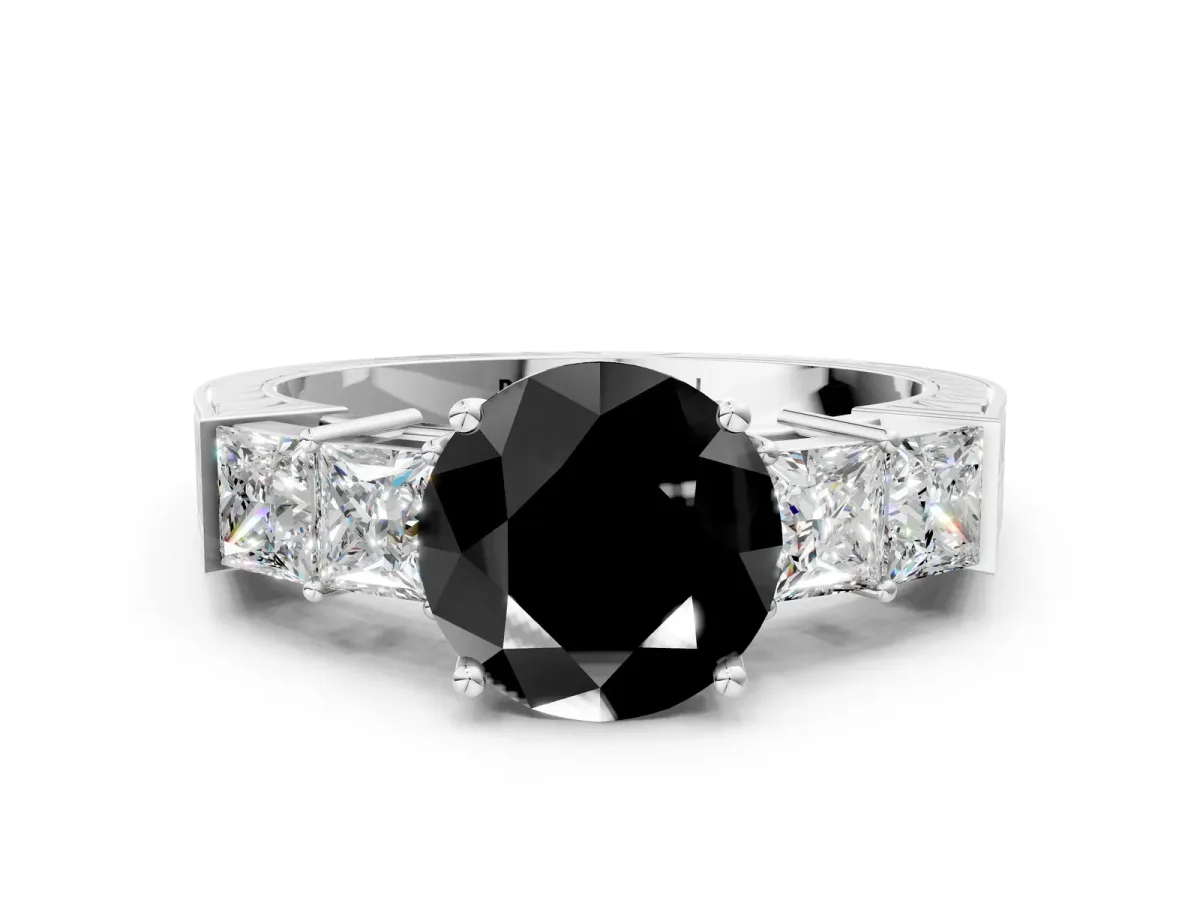 Fancy Black Round Cut Solitaire Princess Side Stone Engraved Band Prong Setting Ring White gold