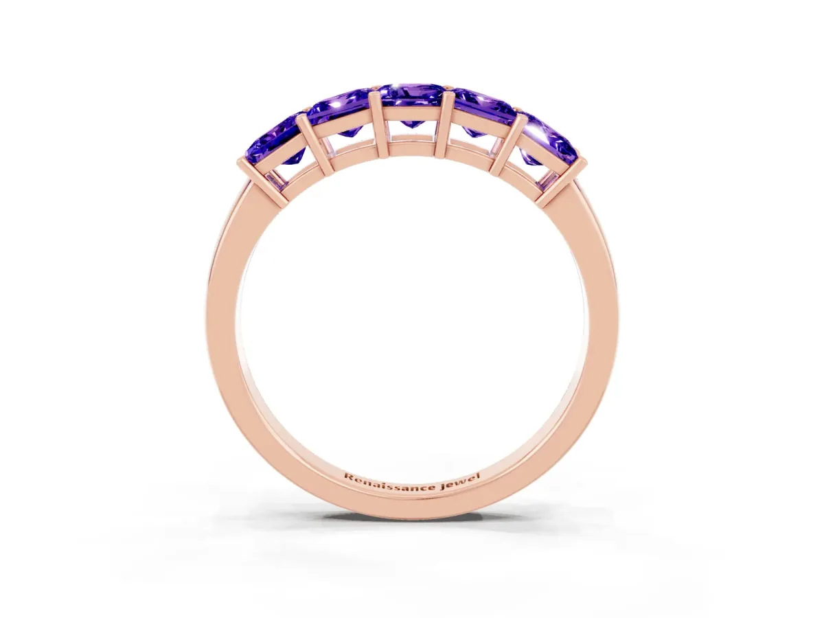 Princess Cut Five-Stone Tanzanite Band with Prong Setting Rose gold