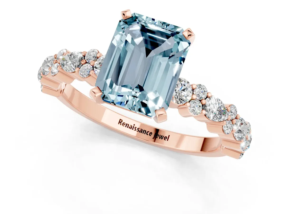 Emerald Cut Aquamarine Side Stone Solitaire Ring with Round and Four-Prong Setting Rose gold