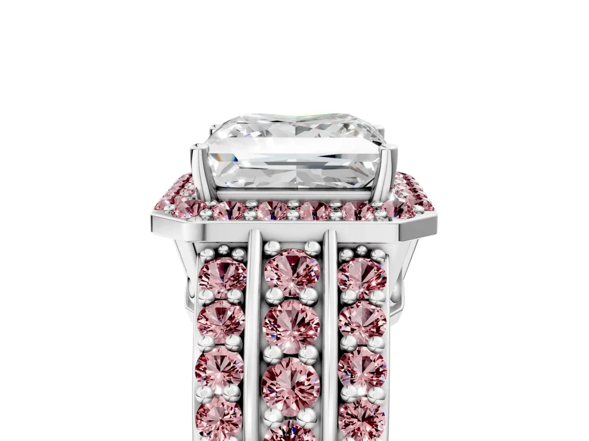 Princess Cut Halo Diamond Ring with Round Morganite Split Shank and Prong Setting Silver