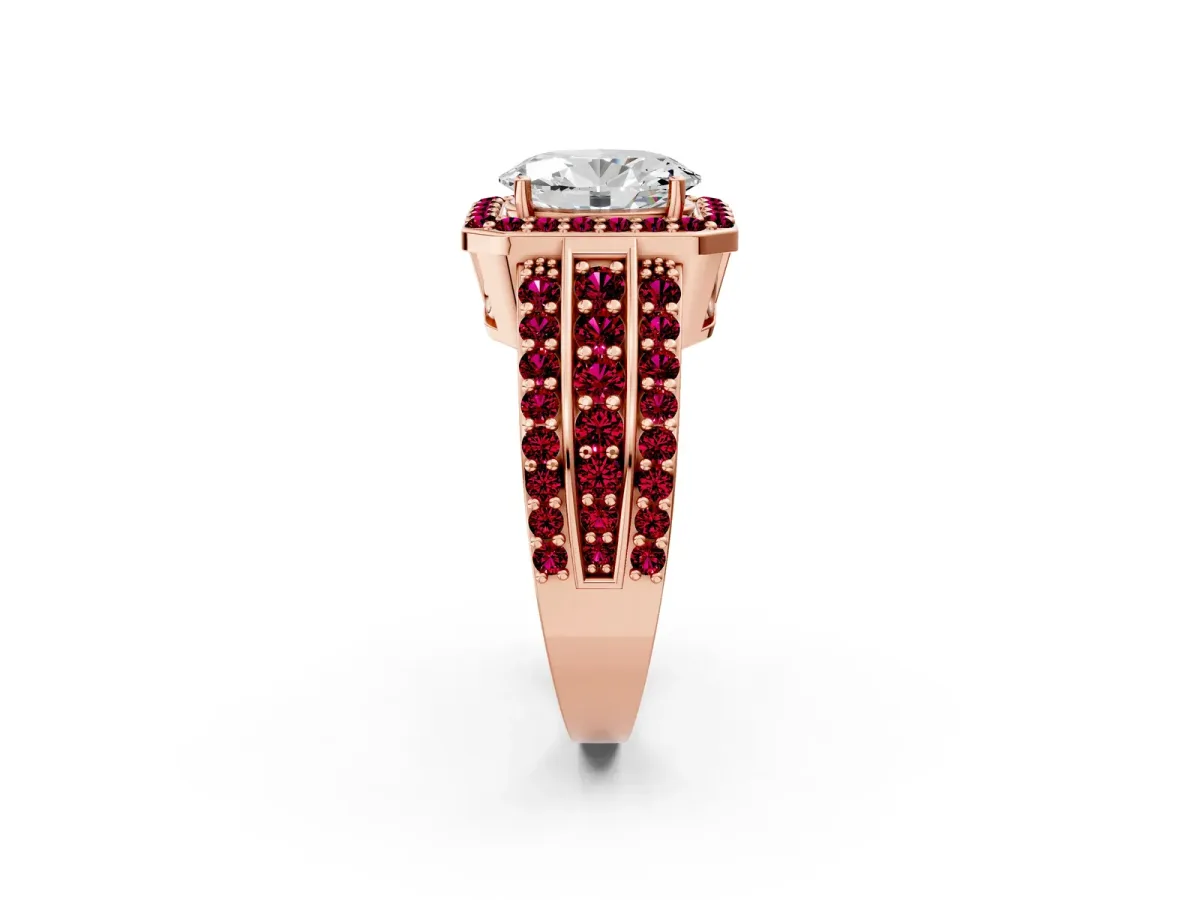 Oval Cut Halo Diamond Ring with Round Garnet Split Shank and Prong Setting Rose gold