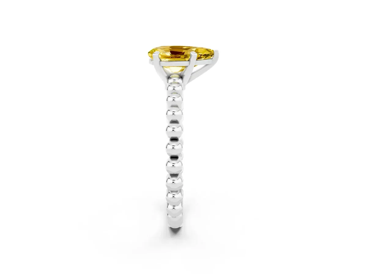 Pear Cut Yellow Sapphire Solitaire Ring with Beaded Band and Prong Setting Platinum