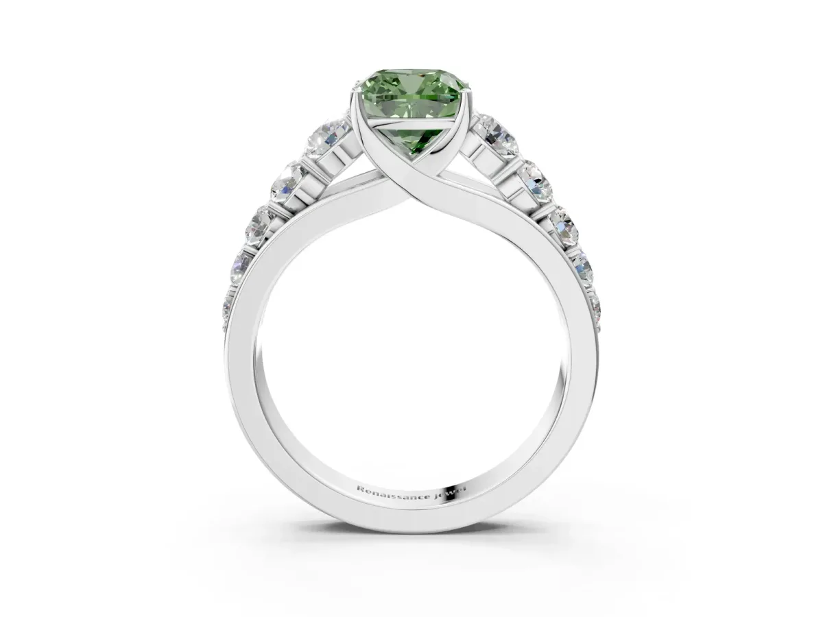 Fancy Green Cushion Cut Brilliant Diamond Pavé Band with Six-Prong Setting Silver