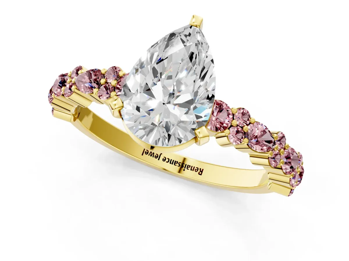 Pear Cut Diamond Side Stone Solitaire Ring with Round Morganite and Four-Prong Setting Yellow gold