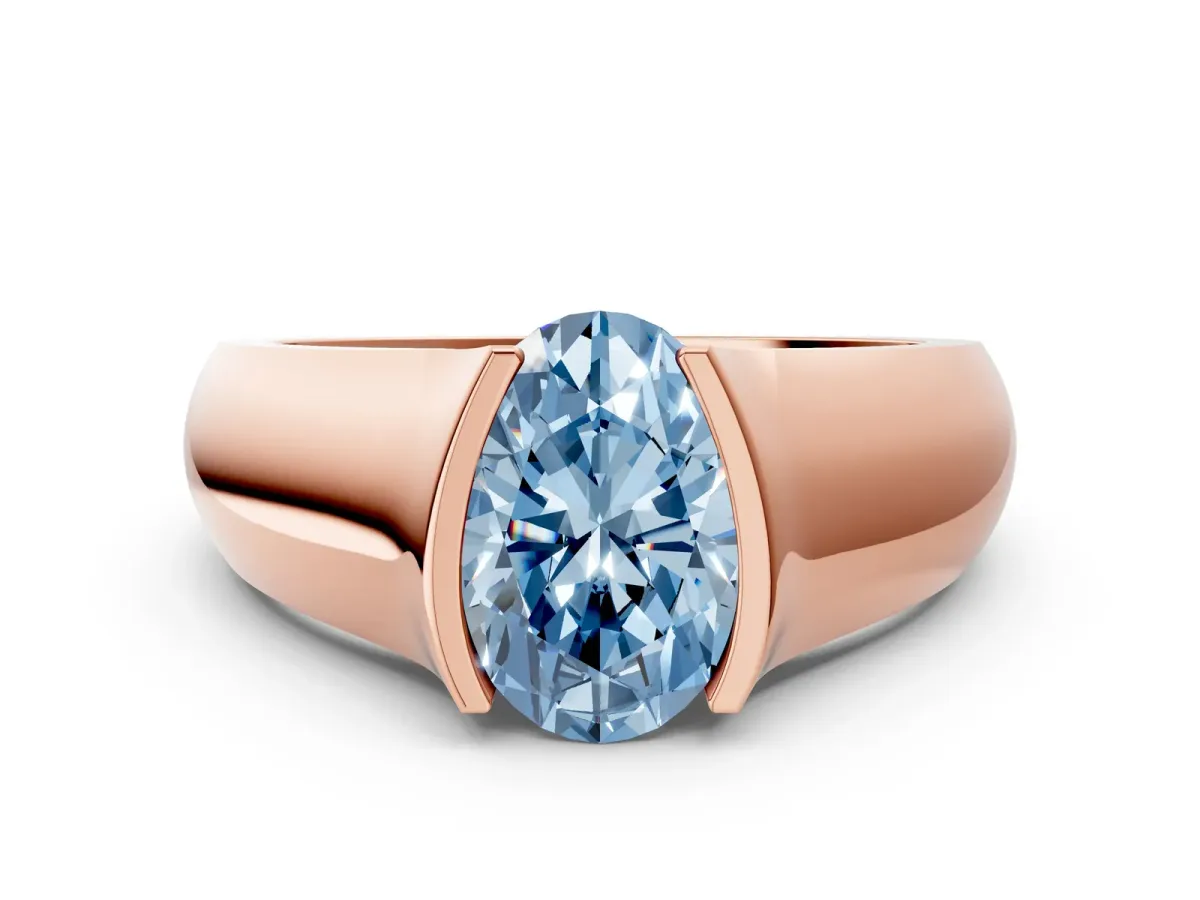 Fancy Blue Oval Cut Solitaire Bezel Set Diamond Ring with Wide Band Rose gold