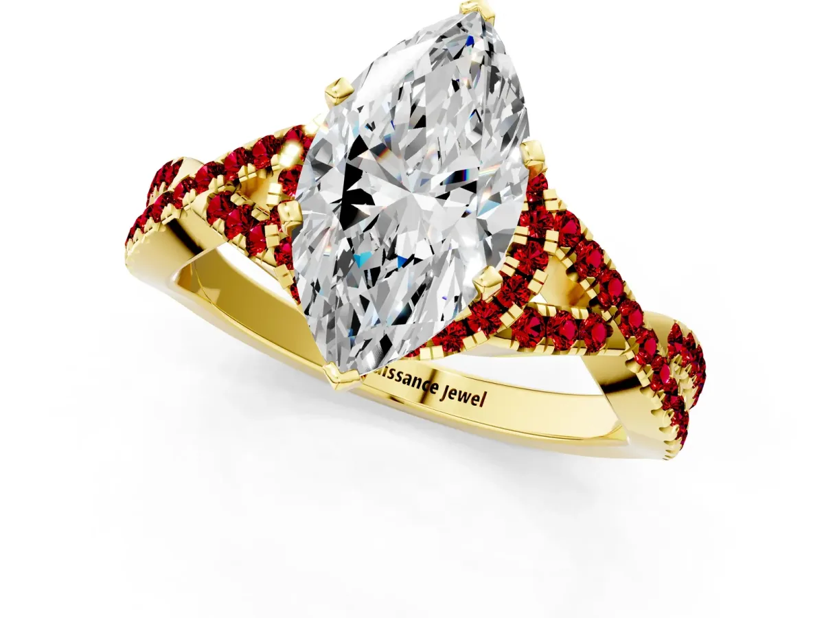 Marquise Cut Diamond Ruby Halo Twist Band Solitaire Prong Setting Ring Yellow gold