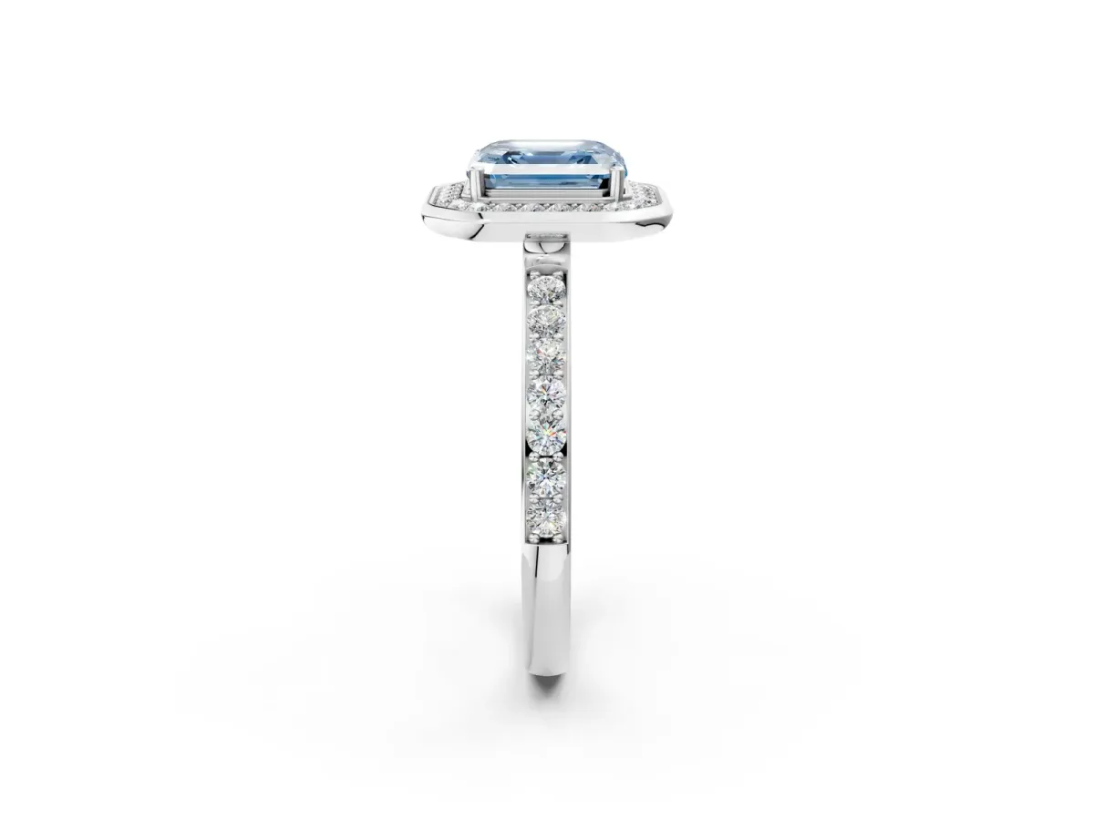 Fancy Blue Asscher Cut Diamond Halo Ring with Bezel Frame and Pavé Band Platinum