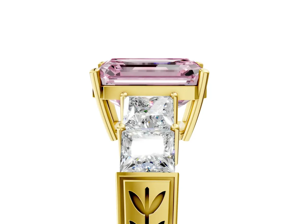Fancy Pink Emerald Cut Solitaire Princess Side Stone Engraved Band Prong Setting Ring Yellow gold