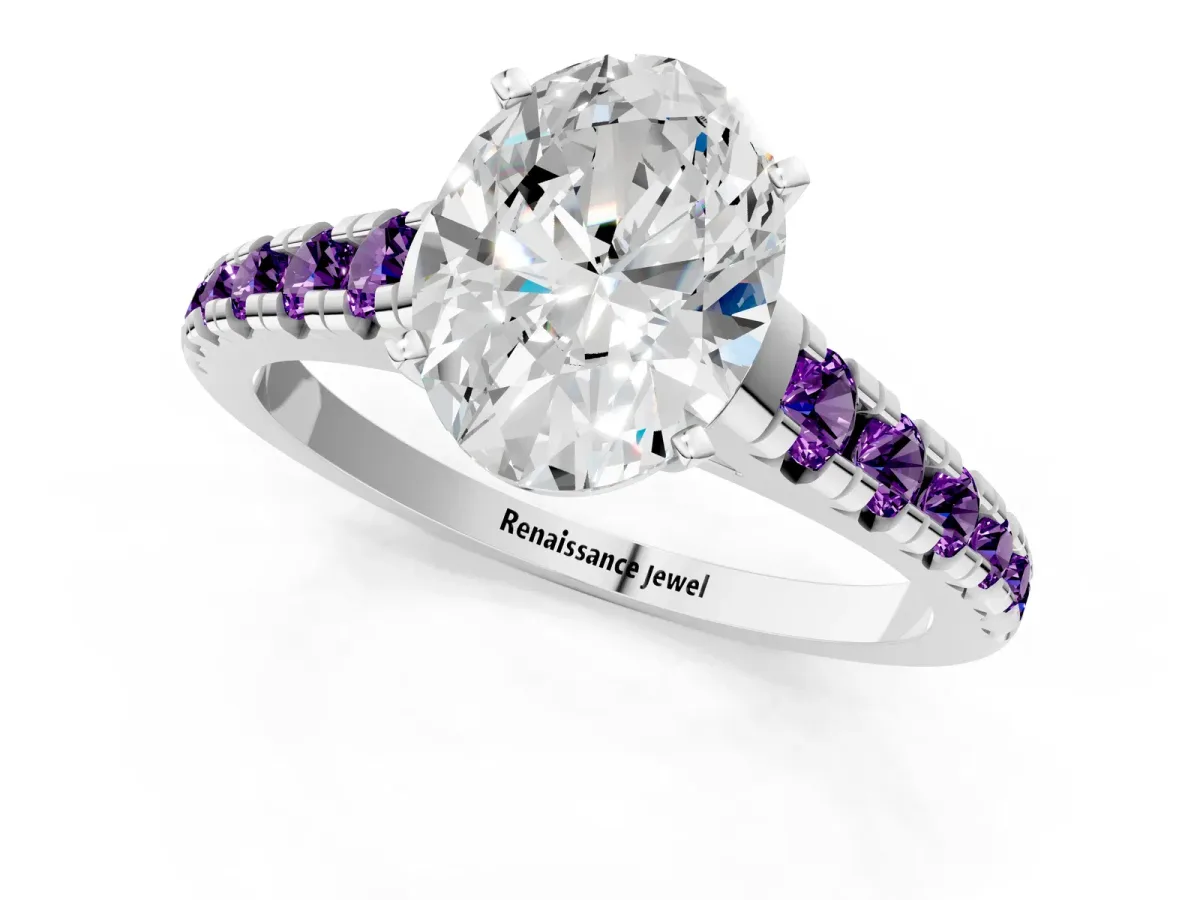 Oval Cut Diamond Cathedral Solitaire Ring with Round Amethyst Pavé Band Silver