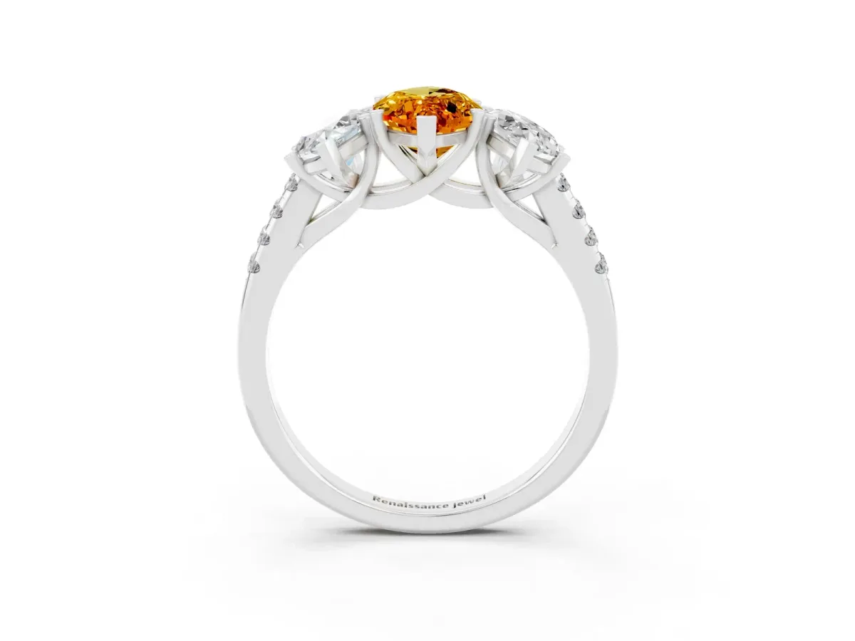 Three-Stone Marquise Cut Citrine Ring with Round Pavé Band and Prong Setting Silver