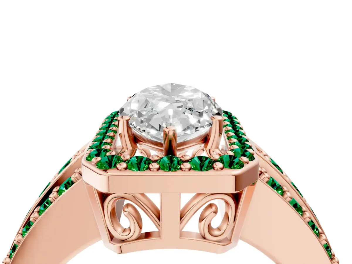 Marquise Cut Halo Diamond Ring with Round Emerald Split Shank and Prong Setting Rose gold