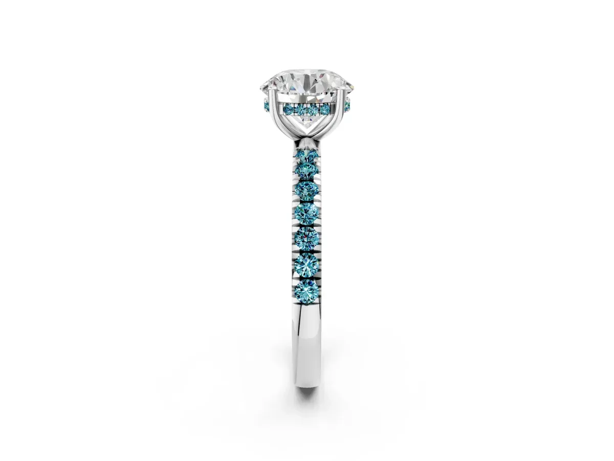 Round Cut Diamond Pave Band Solitaire Ring with Round Blue Topaz and Prong Setting Silver